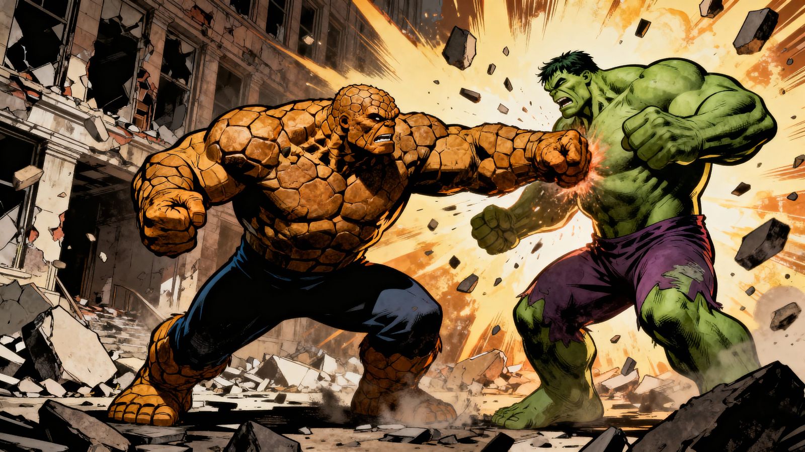The Thing Punches Hulk in Destroyed Building Comic Art
