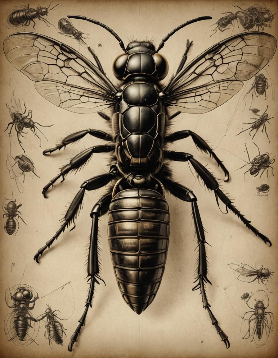 WW2 Giant Wasp Anatomical Drawing in Giger Style