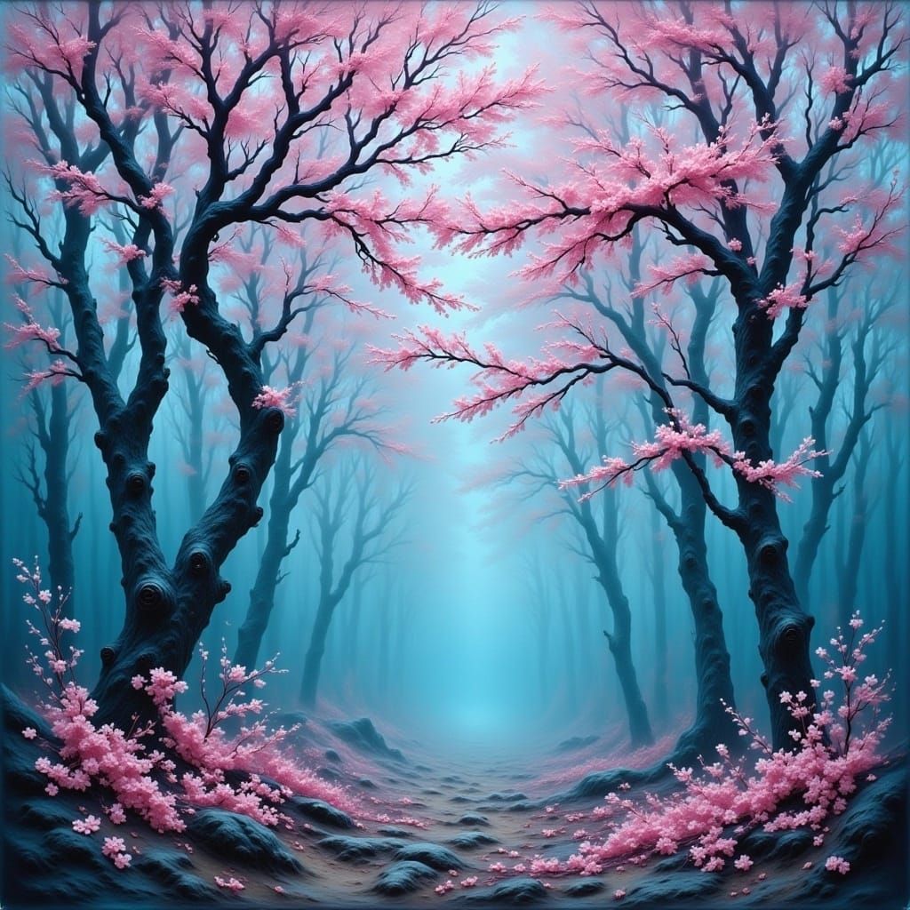 Pink Blossoms in Blue Forest: Misty Magical Whimsy