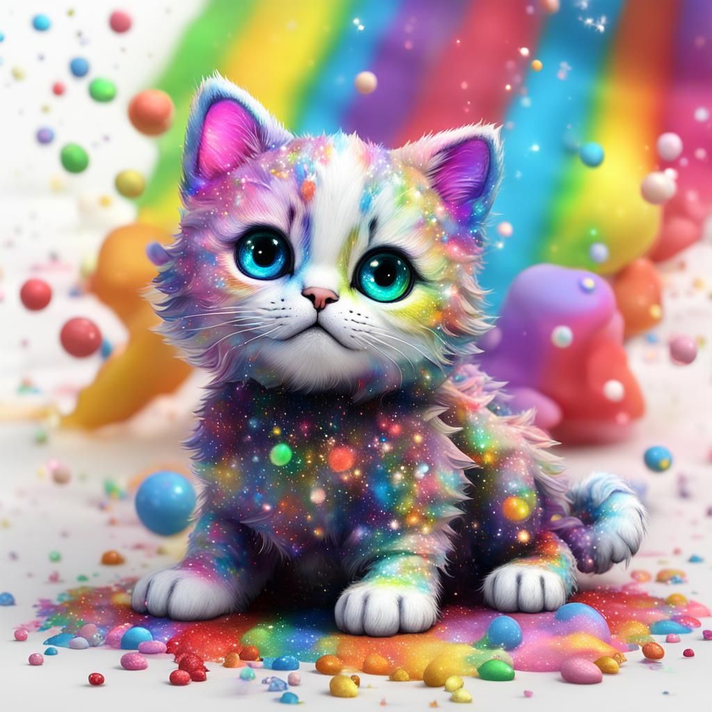 Baby Cat Rainbow Ink Painting in Tie-Dye Style