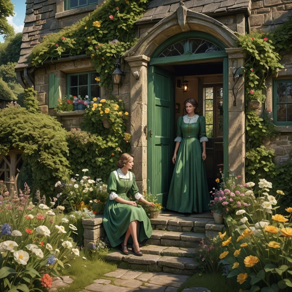 Girl at Cottage Door in Romantic Summer Scene