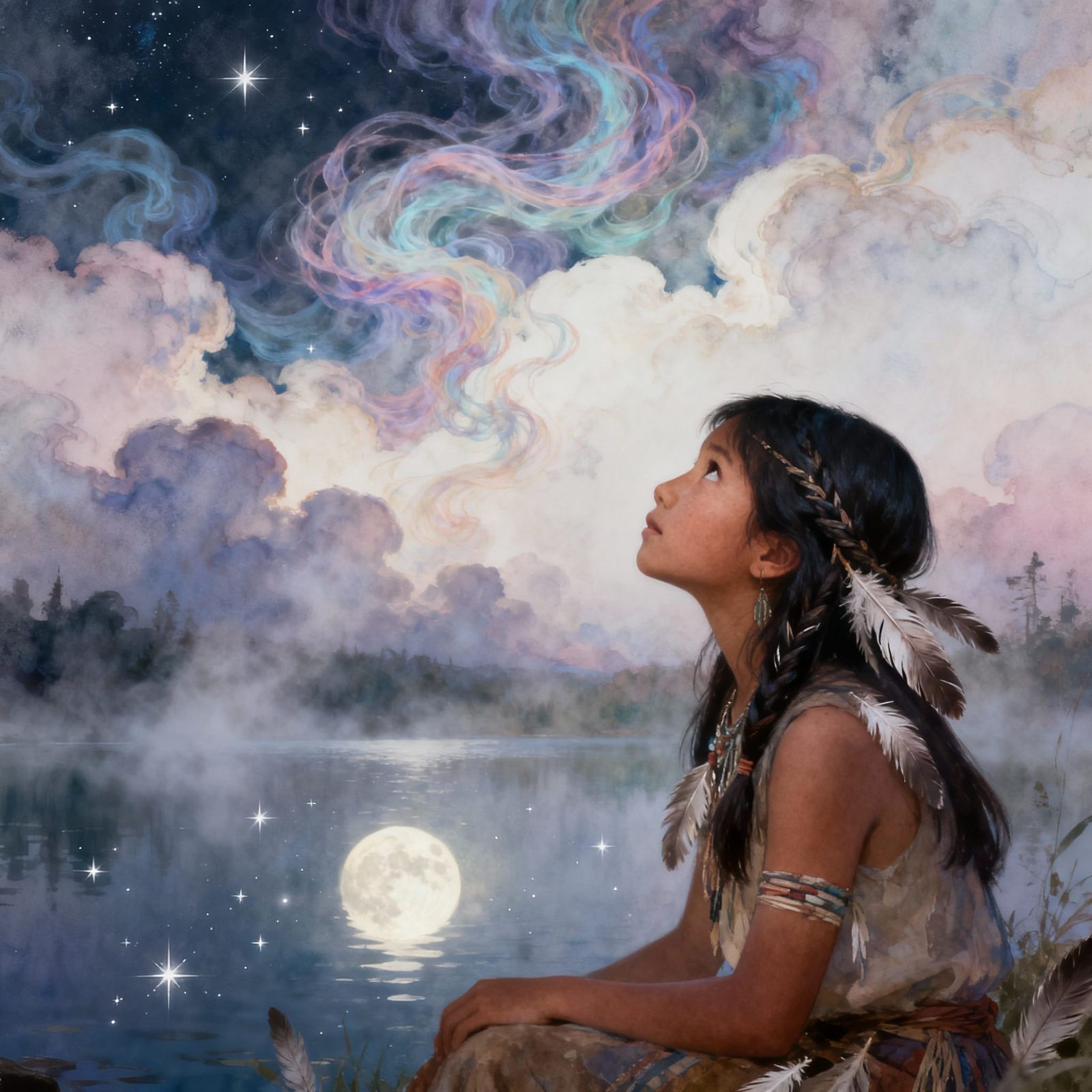 Native Girl Gazes at Ethereal Starry Sky