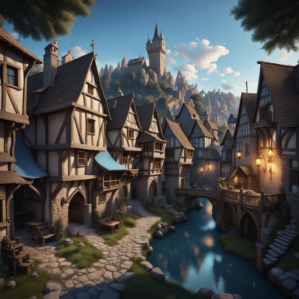 Medieval Village: A Detailed Fantasy Matte Painting