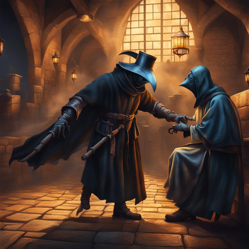 Plague Doctor Attending Patient: Hyperrealistic Splash Art