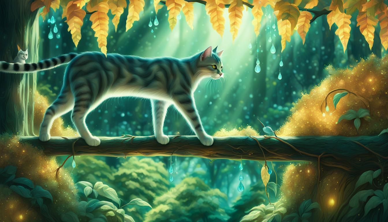 Cat in Enchanting Forest: Hyper-Realistic Fantasy Art