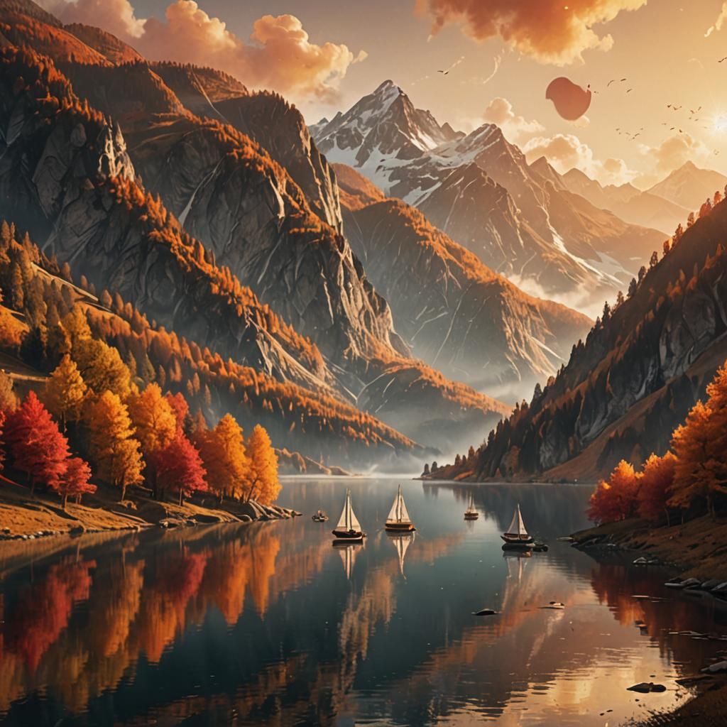 Majestic Autumn Mountains at Sunset: A Digital Painting