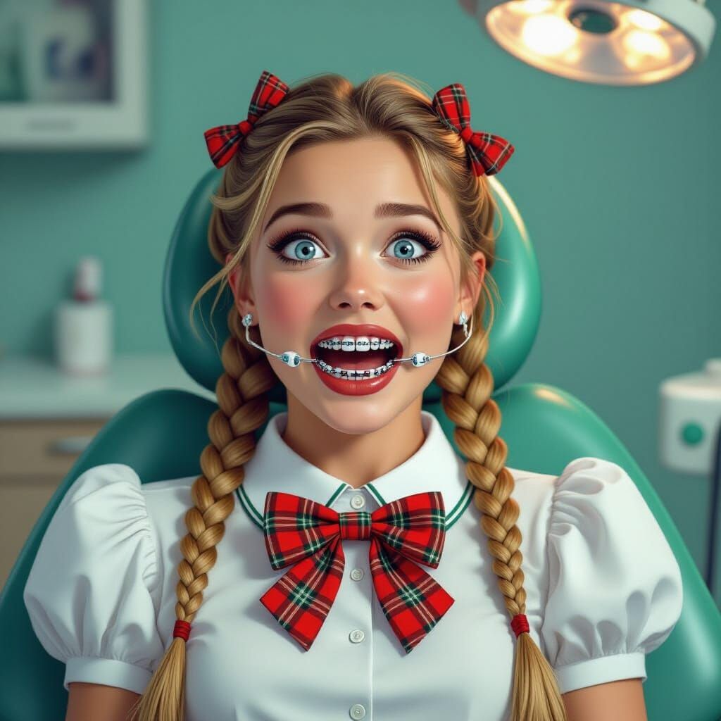 Terrified Woman with Braces in Dentist Chair