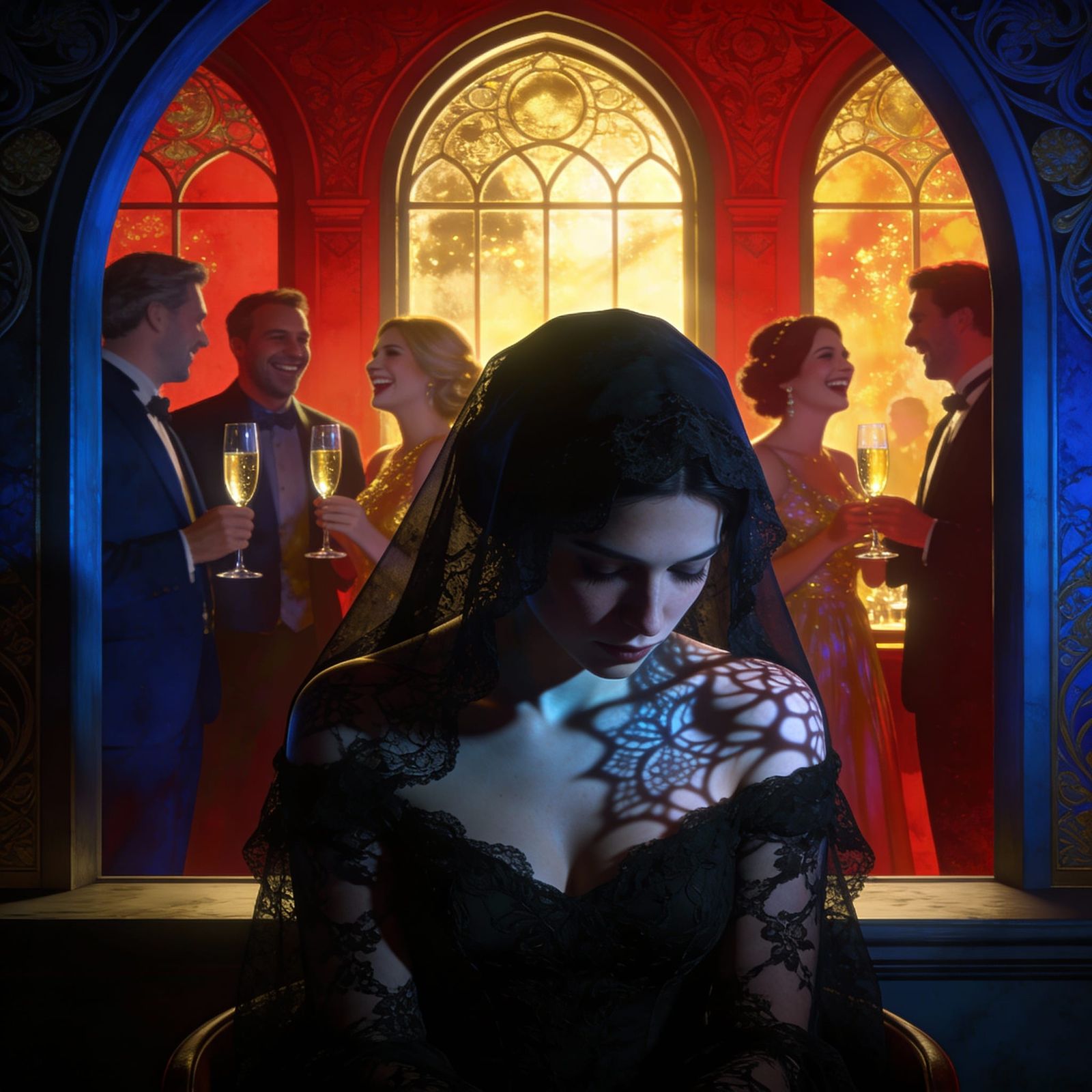 Melancholic Widow Amidst Happy Couples in Concept Art Style