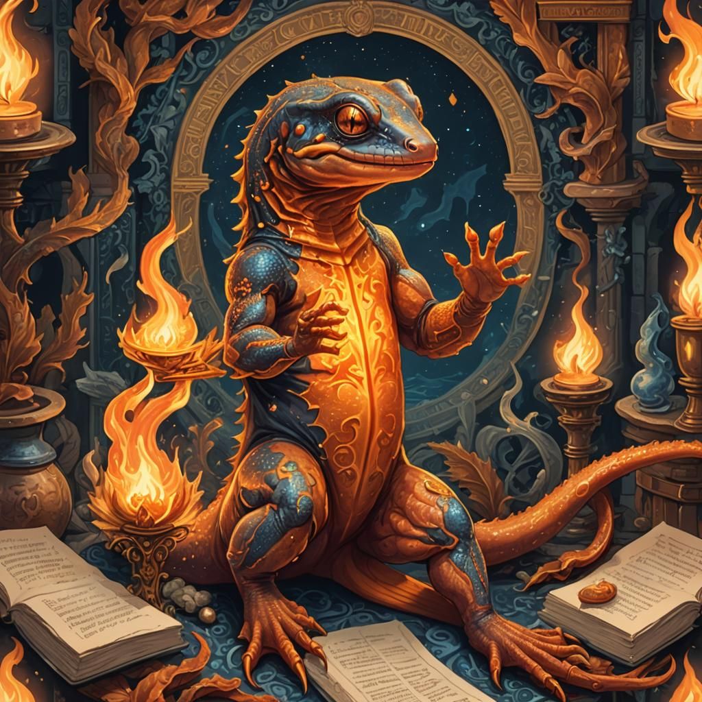 Mystical Salamander with Flame in Illuminated Manuscript Sty...