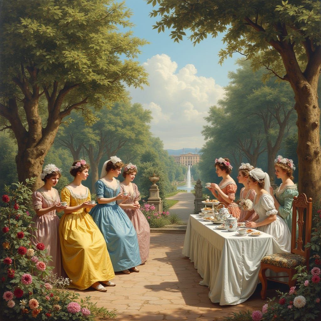 Elegant Ladies Enjoy Whimsical Tea Ceremony in Versailles