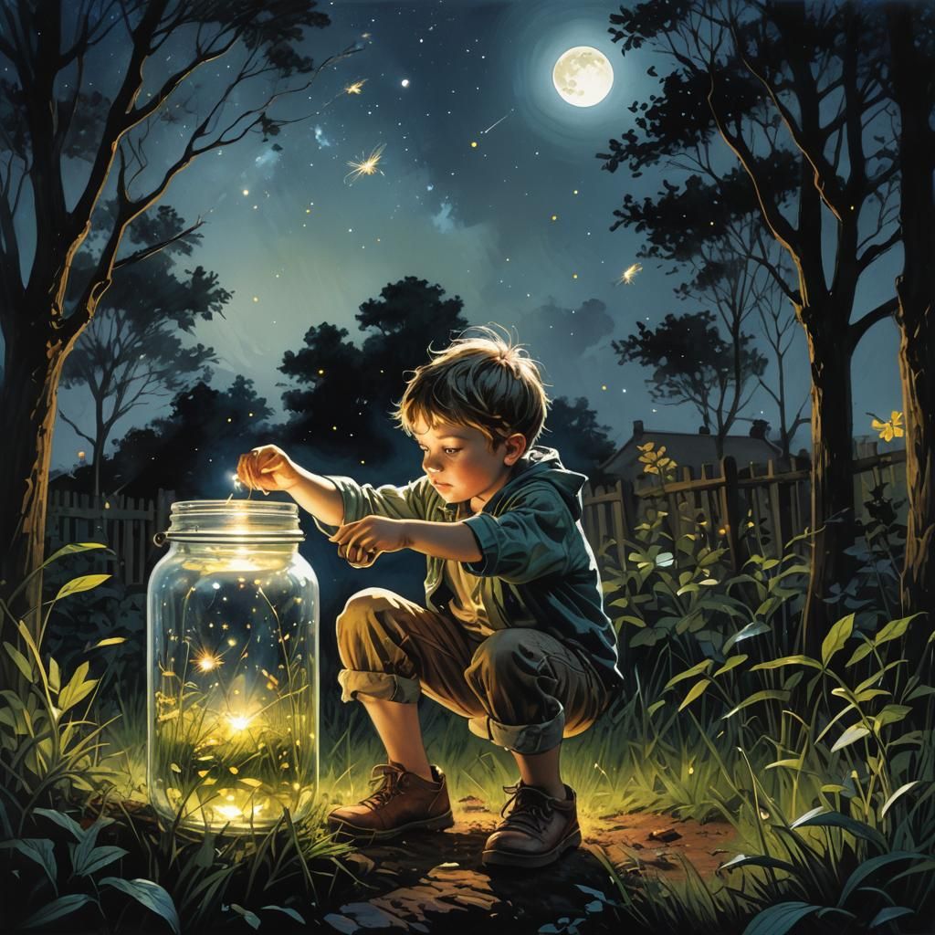 Boy Capturing Fireflies Under Moonlight