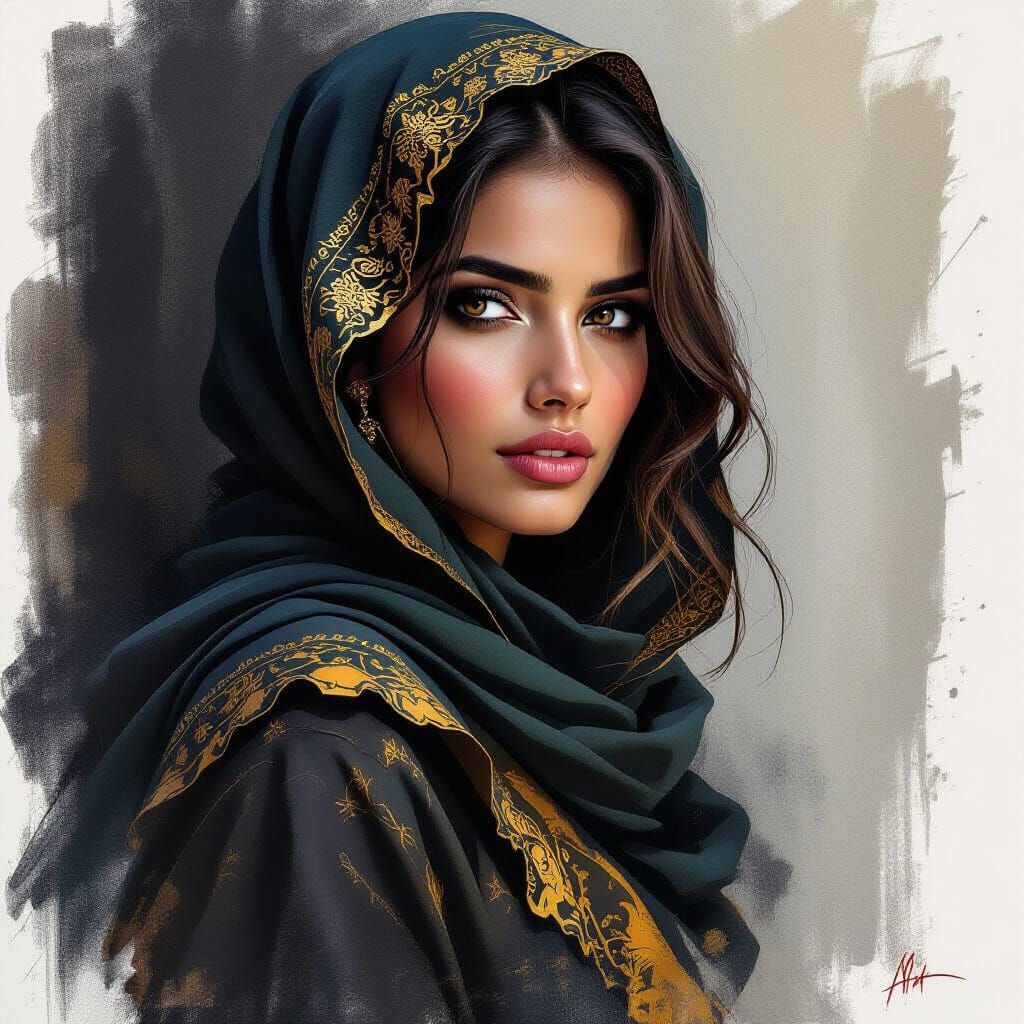 Dynamic Charcoal Sketch of Amani with Gold Edging