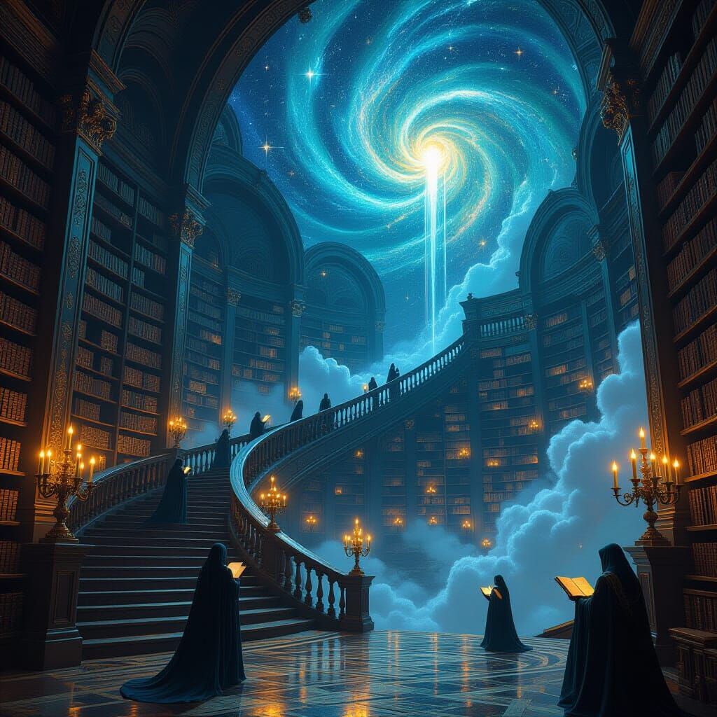 Floating Library in Starry Night Sky