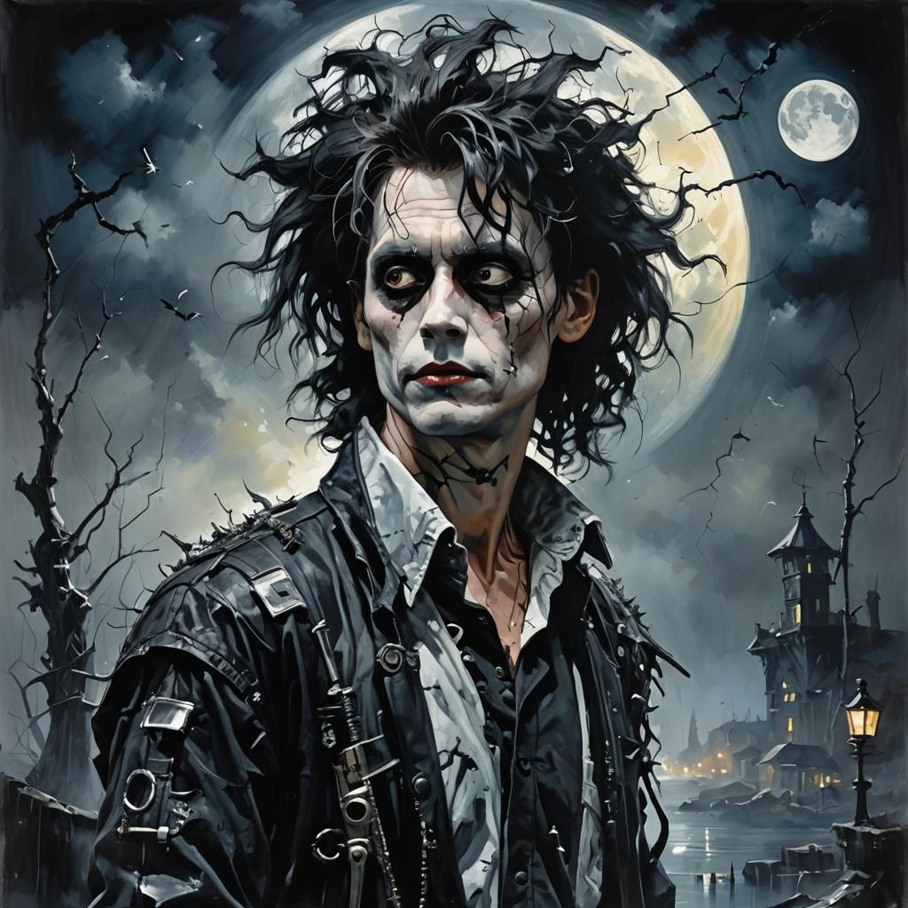 Edward scissorhands, moonlight, dramatic, beautiful, portrait, dark fantasy hyper detailed, Michael Garmash, Seb mckinno...