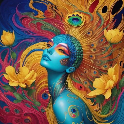 Peacock Woman with Dragon Features in Abstract Fauvism