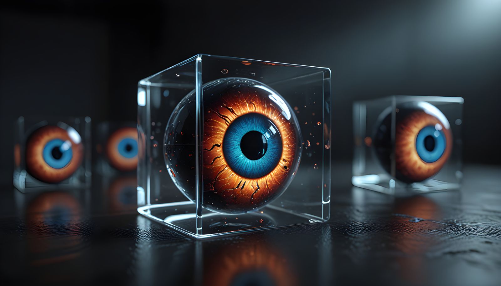 Hyper-Realistic Glass Cube Still Life with Eyeballs in a Dar...