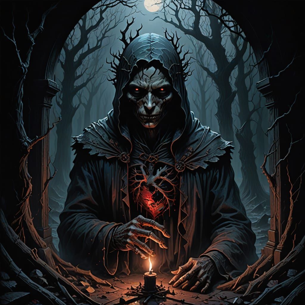 Dark Gothic Heart with Twisted Roots in Midnight Blue and Cr...