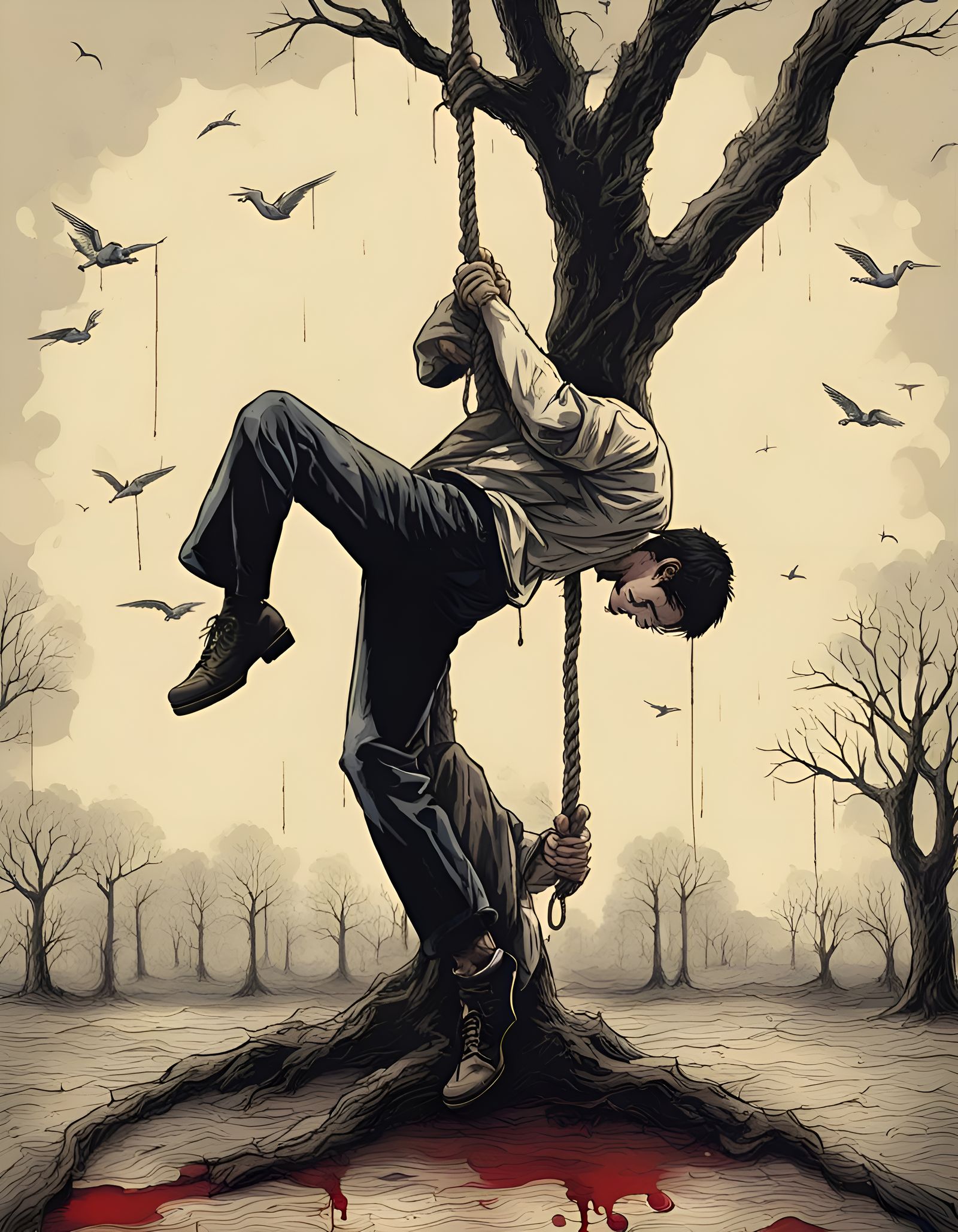 Disturbing Image of a Man Hung Upside Down