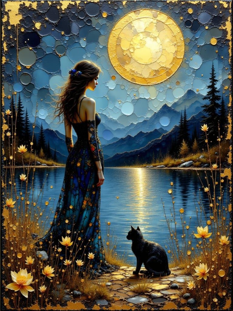 Woman by Lake Under Moonlight in Textured Gold Painting