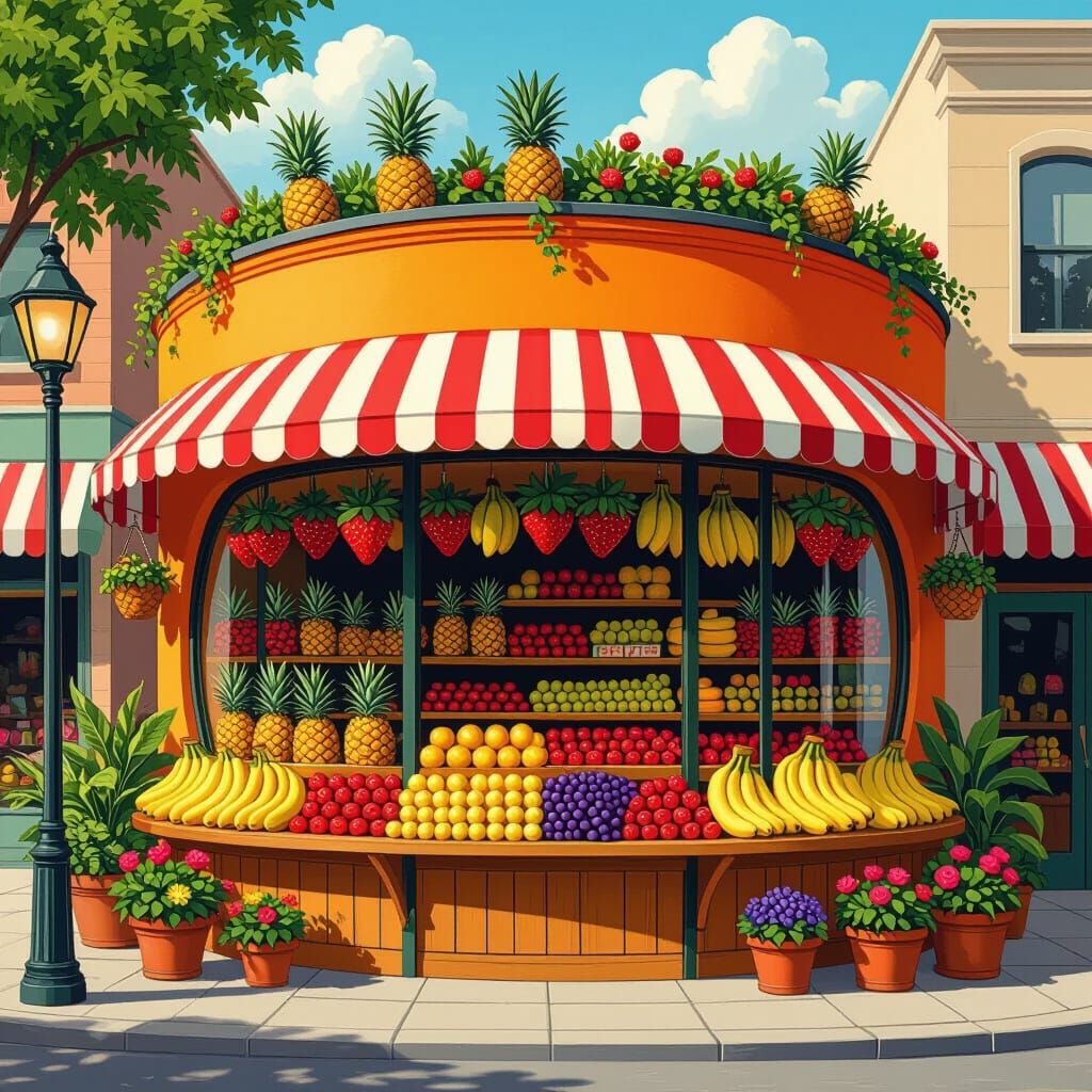 Vibrant Fruit Shop in Whimsical Folk Art Style