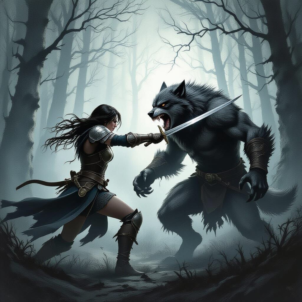 Woman Battles Werewolf in Dark Forest, Etching Style