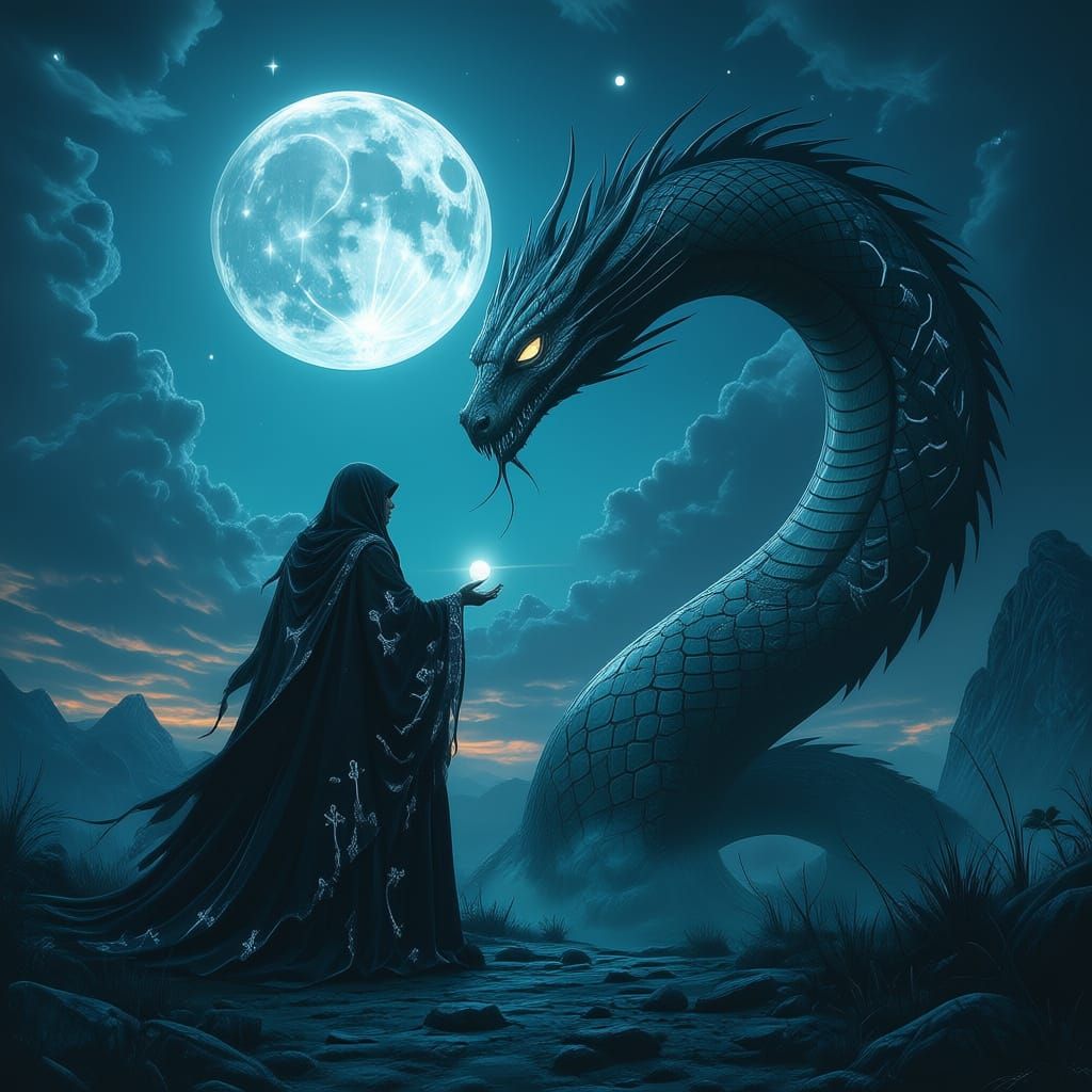 Dark Fantasy Druid and Obsidian Serpent