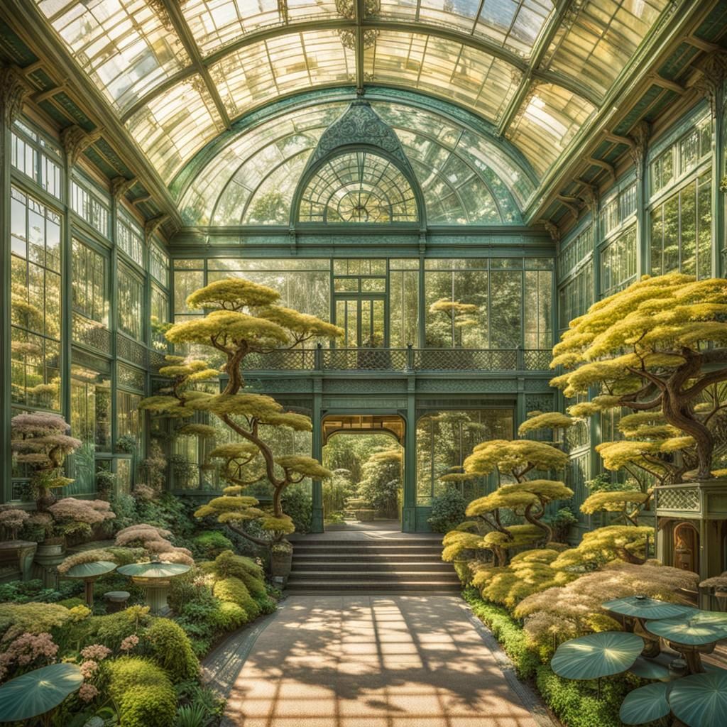 Art Nouveau Glasshouse Skyscrapers in Japanese Garden