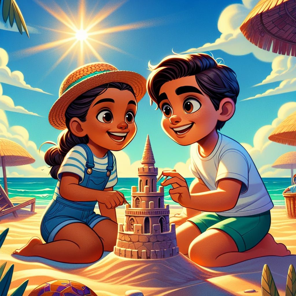 Joyful Beach Scene: Kids Building Sandcastle in Sunny Cartoo...