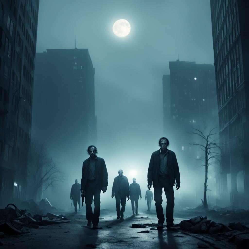 Eerie Cityscape: Zombies Emerge from Fog