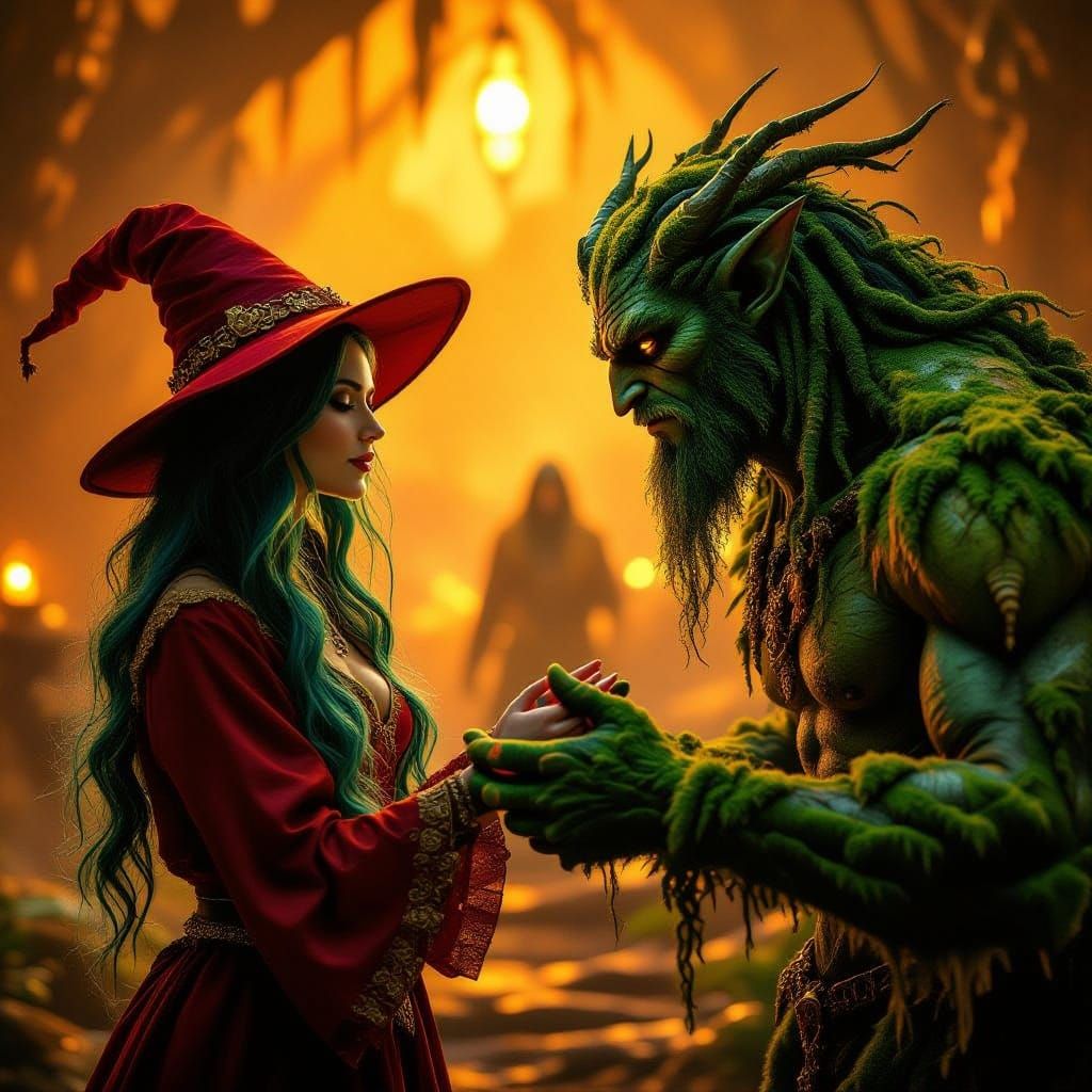 Mystical Encounter in Orange Hues with Cyberpunk Accents