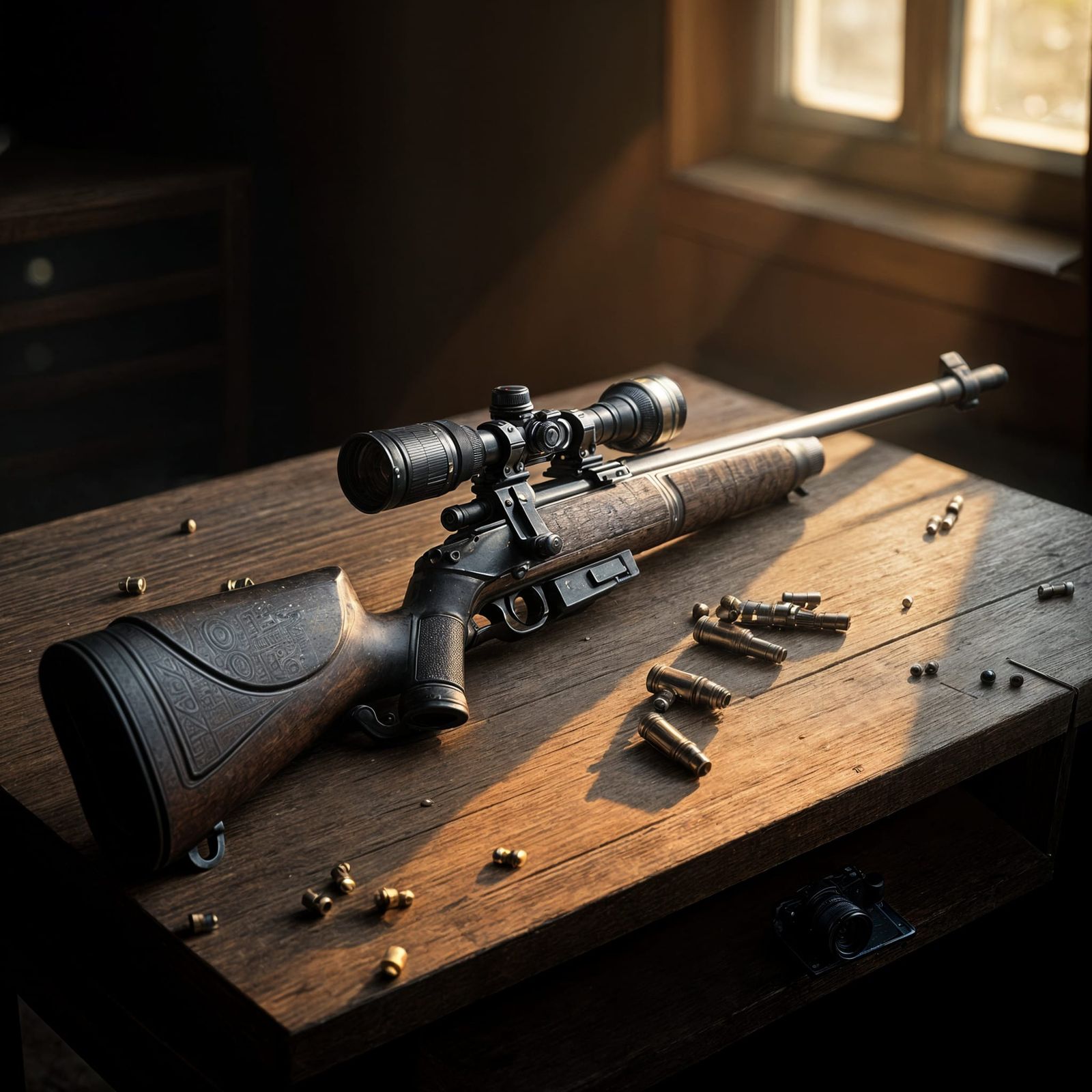 Precision Rifle on Wooden Table in Cinematic Style