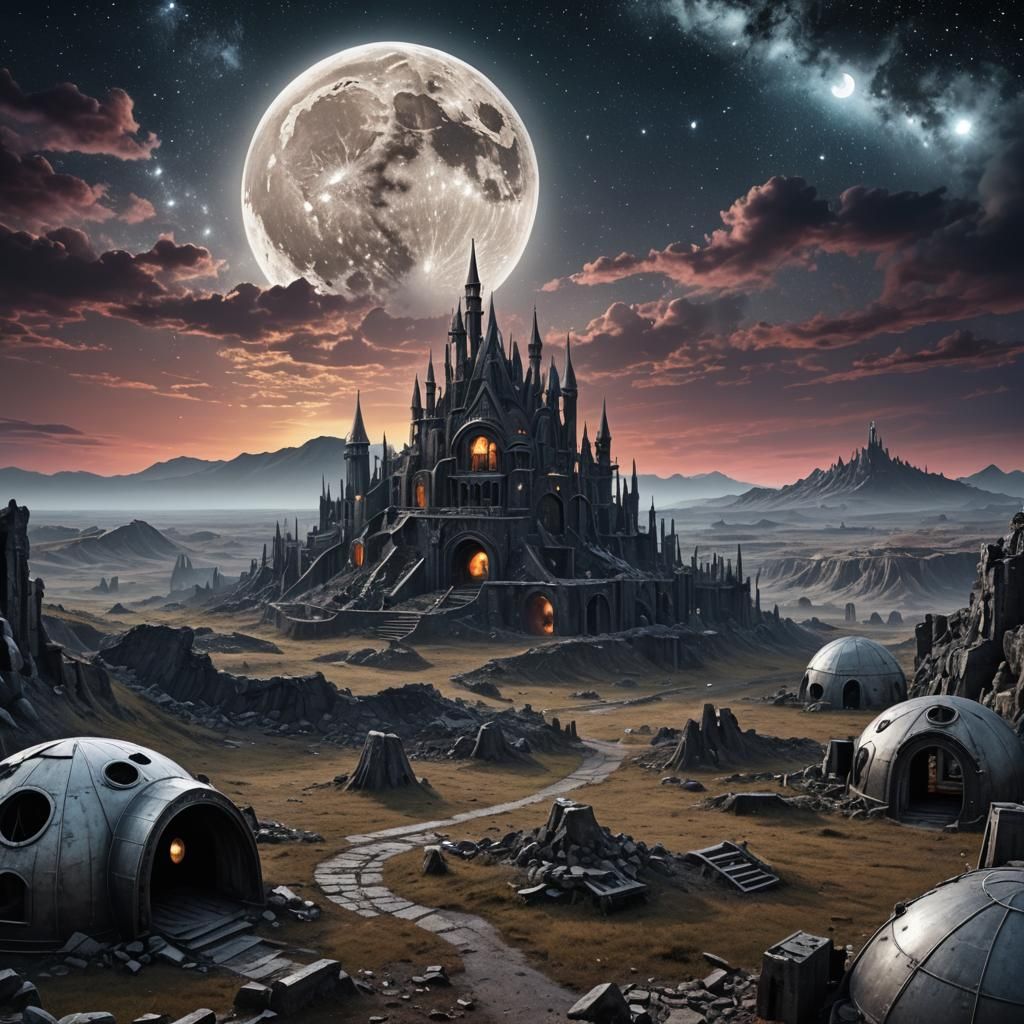 Gothic Steampunk Landscape with Silver Moon