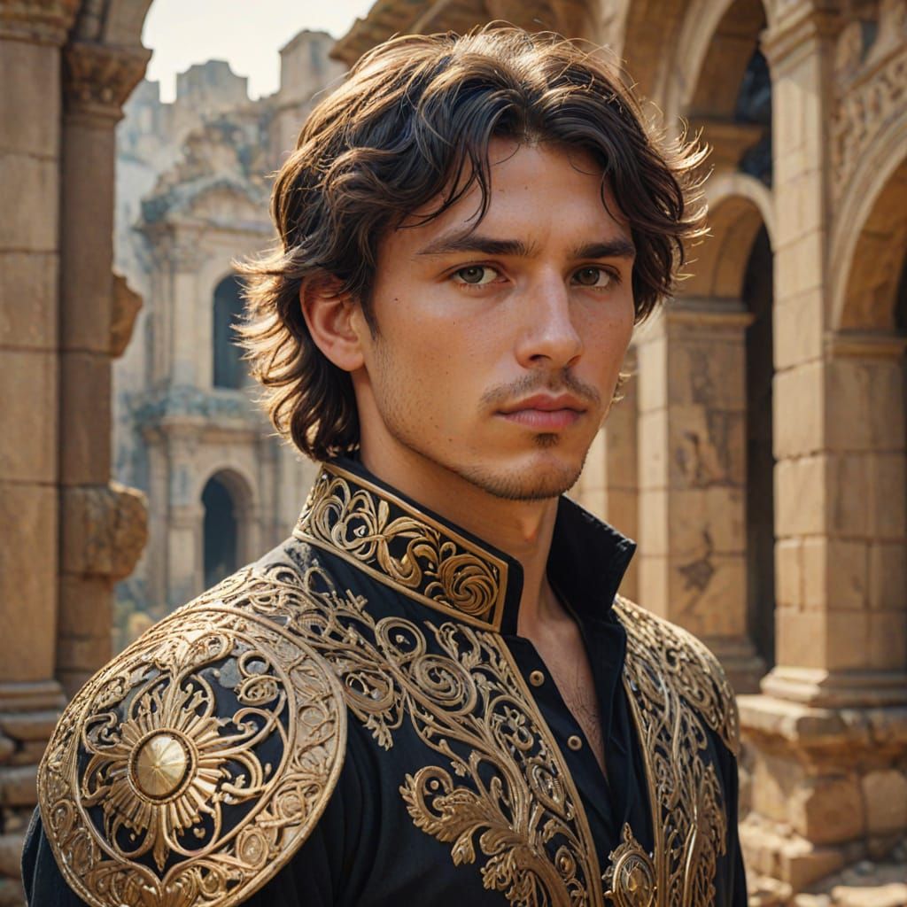 Young Explorer in Ancient Ruins: Art Nouveau Illustration