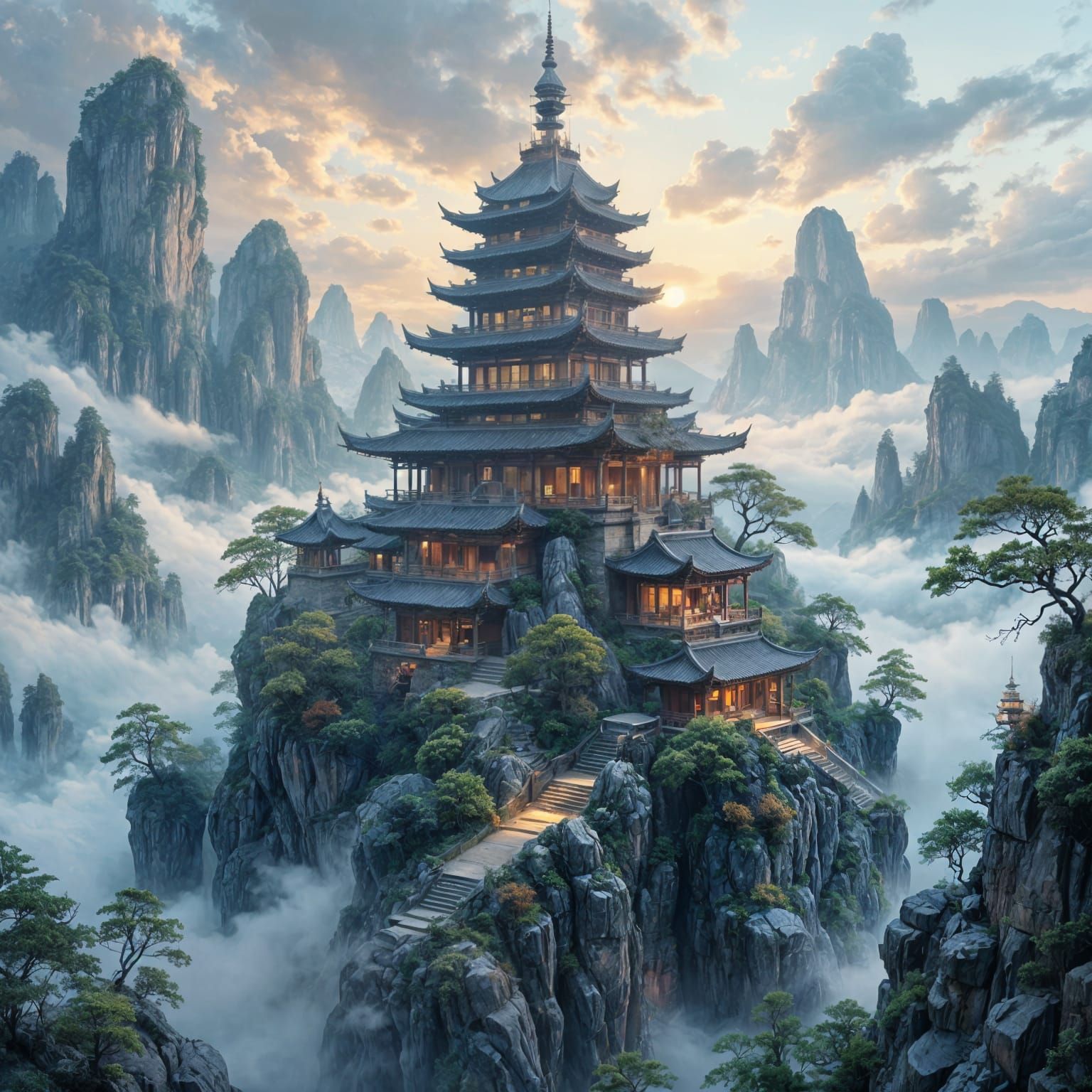 Moonlight Pagoda in Ethereal Asian Mountains