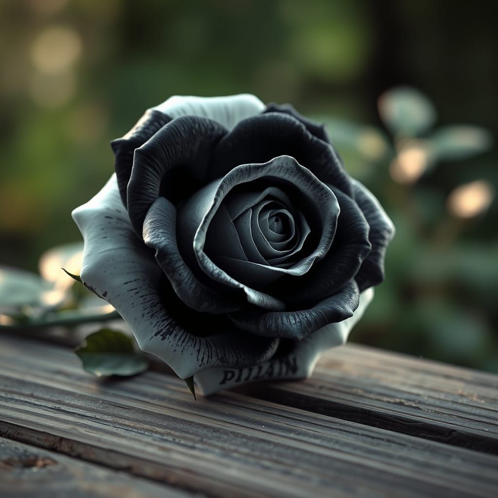 A delicate, high-contrast black and white rose, in full bloo...