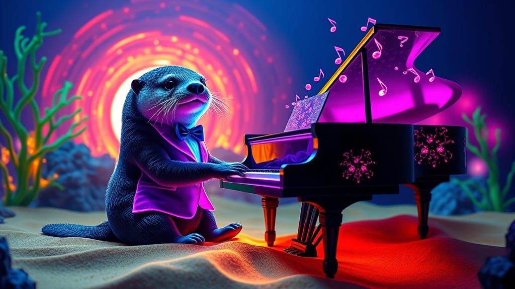 Surrealistic Sea Otter Plays Rainbow Piano Under Glowing Vol...