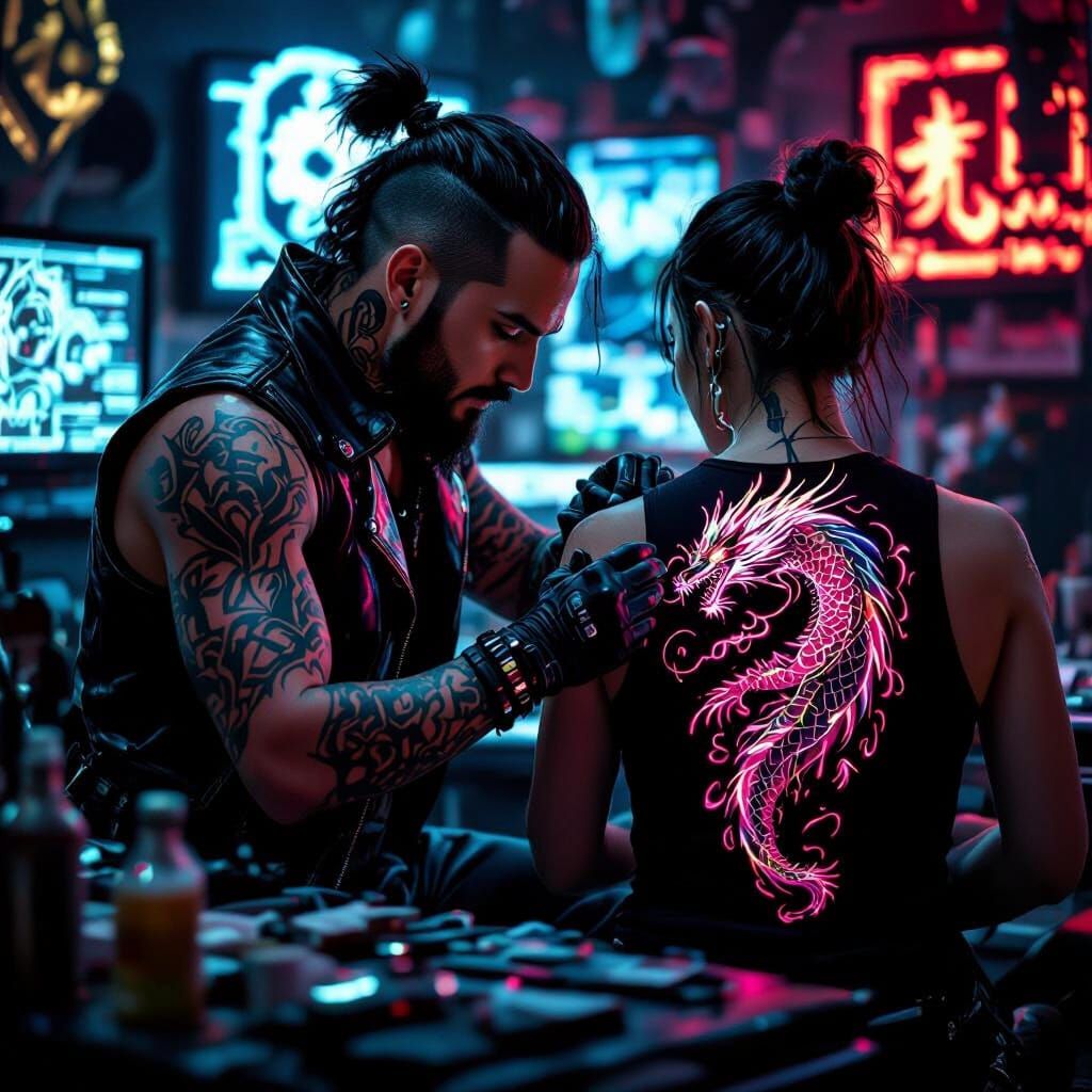 Cyberpunk Tattoo Artist Creates Bioluminescent Dragon Design