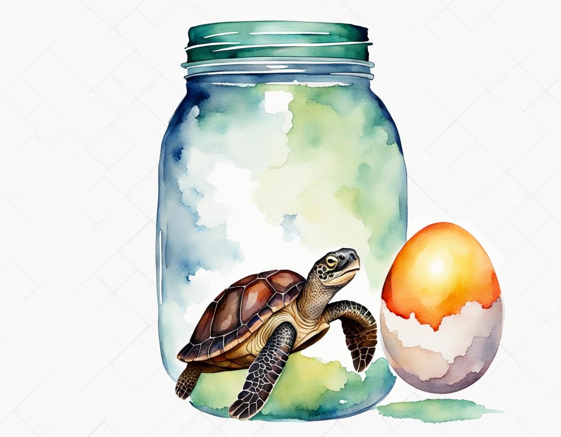Turtle in Egg Inside Giant Jar, Watercolor