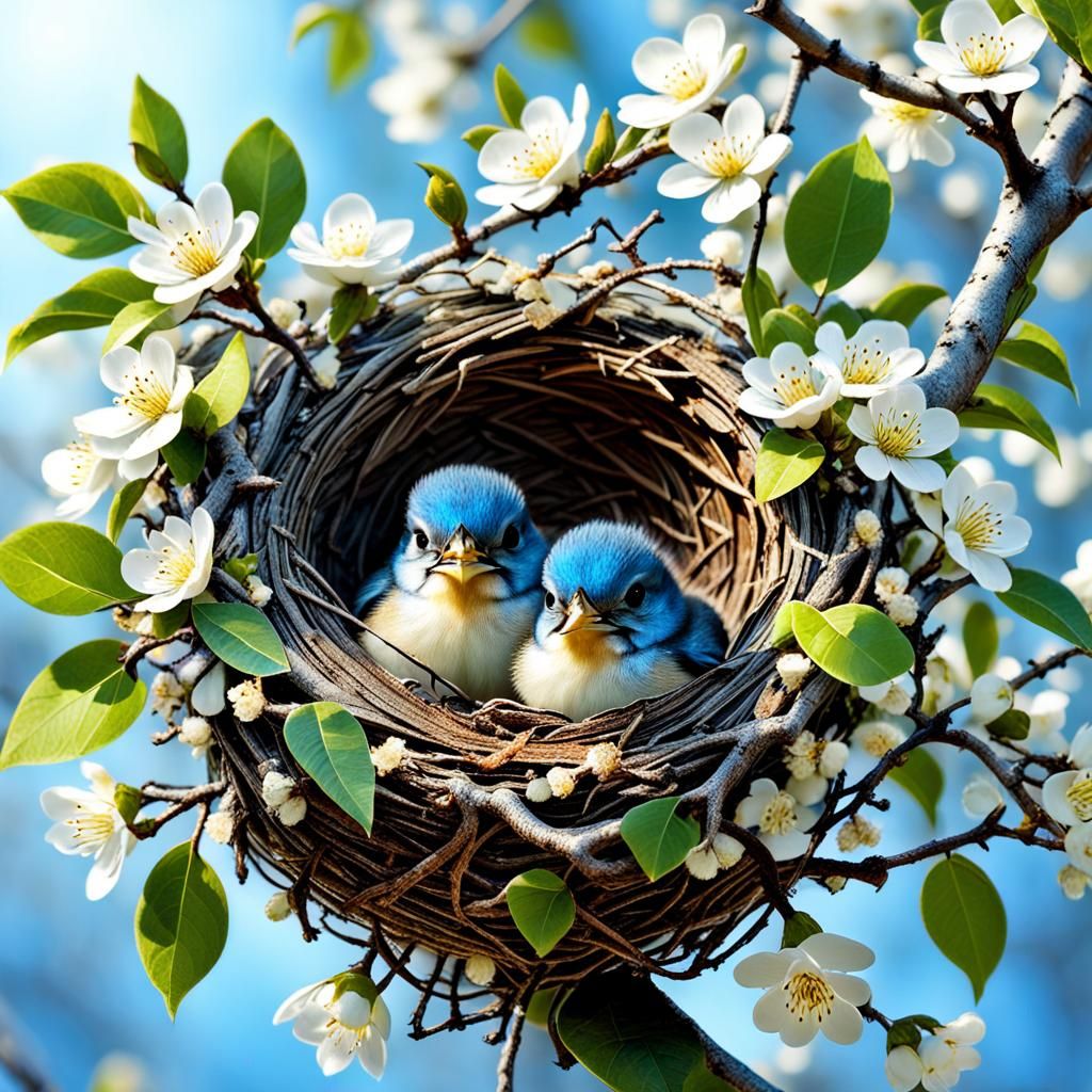 Intricate Bird Nest with Bluebirds, Hyperdetailed Photo
