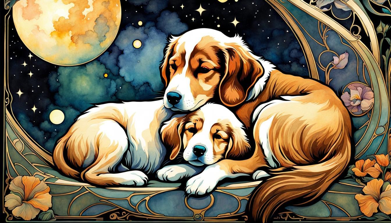 Art Nouveau Puppies Sleeping Under Starscape