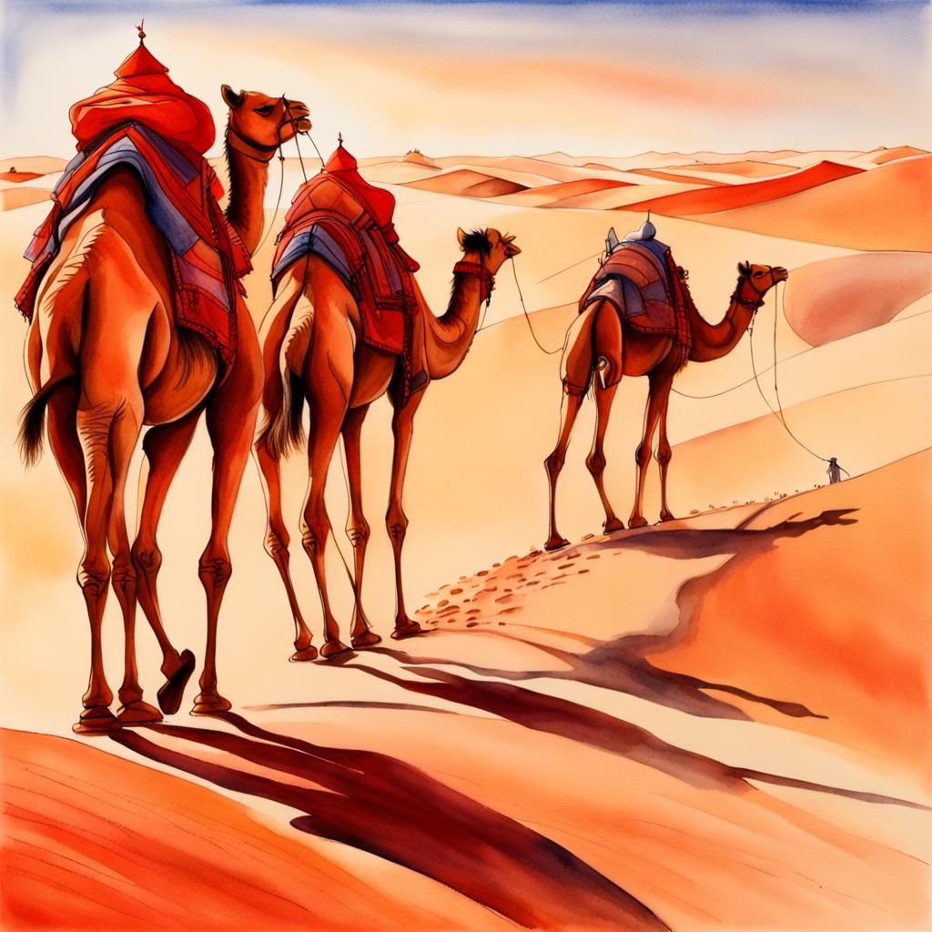Camel Train in Arabian Desert Watercolor