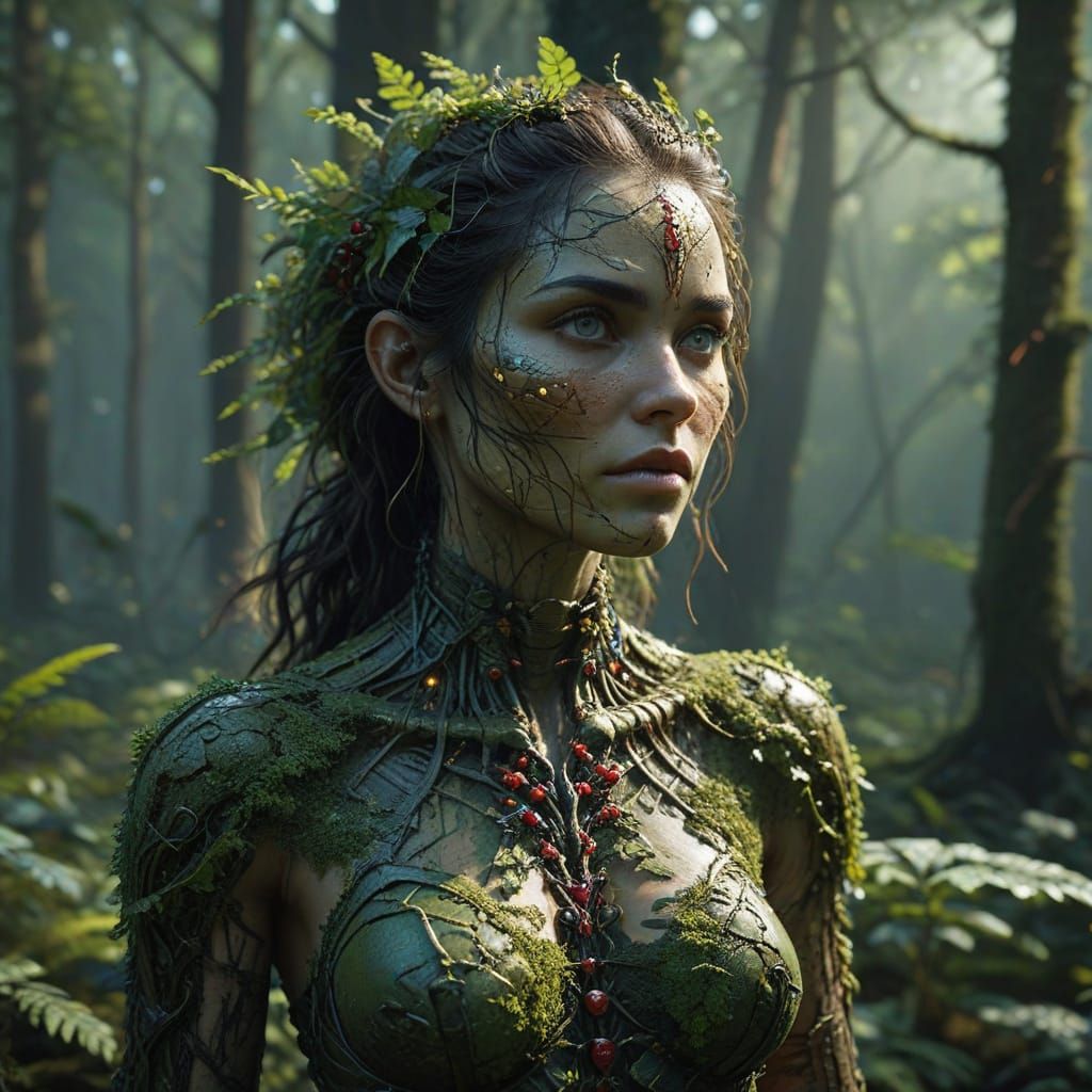 Moss-Skinned Druidess in Ancient Forest