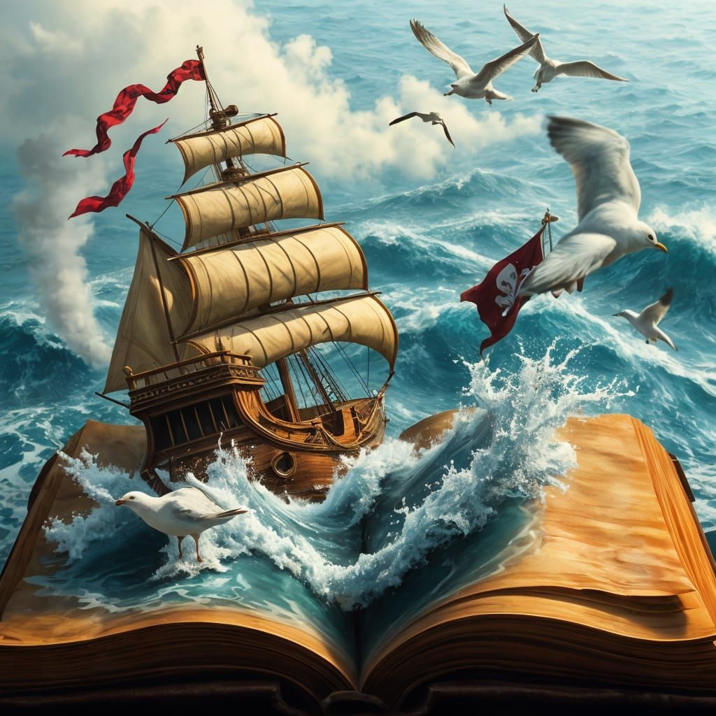 Pirate Ship Emerges from Ancient Tome in Stormy Seas