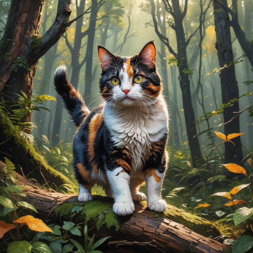 Calico Cat in Forest: Hyperrealistic Splash Art