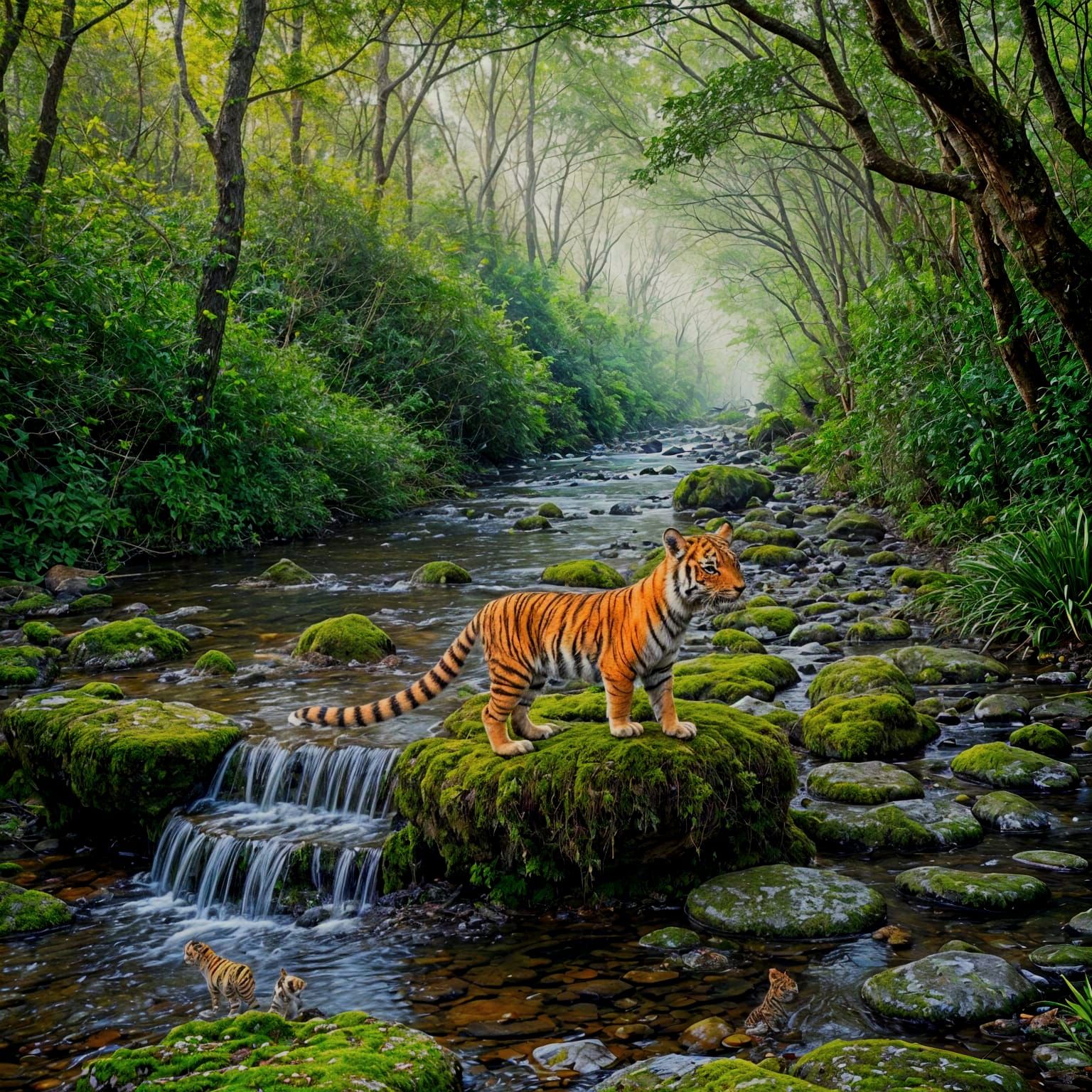 Tiger Cub Surrounded by Whimsical Butterflies in a Lush Cree...