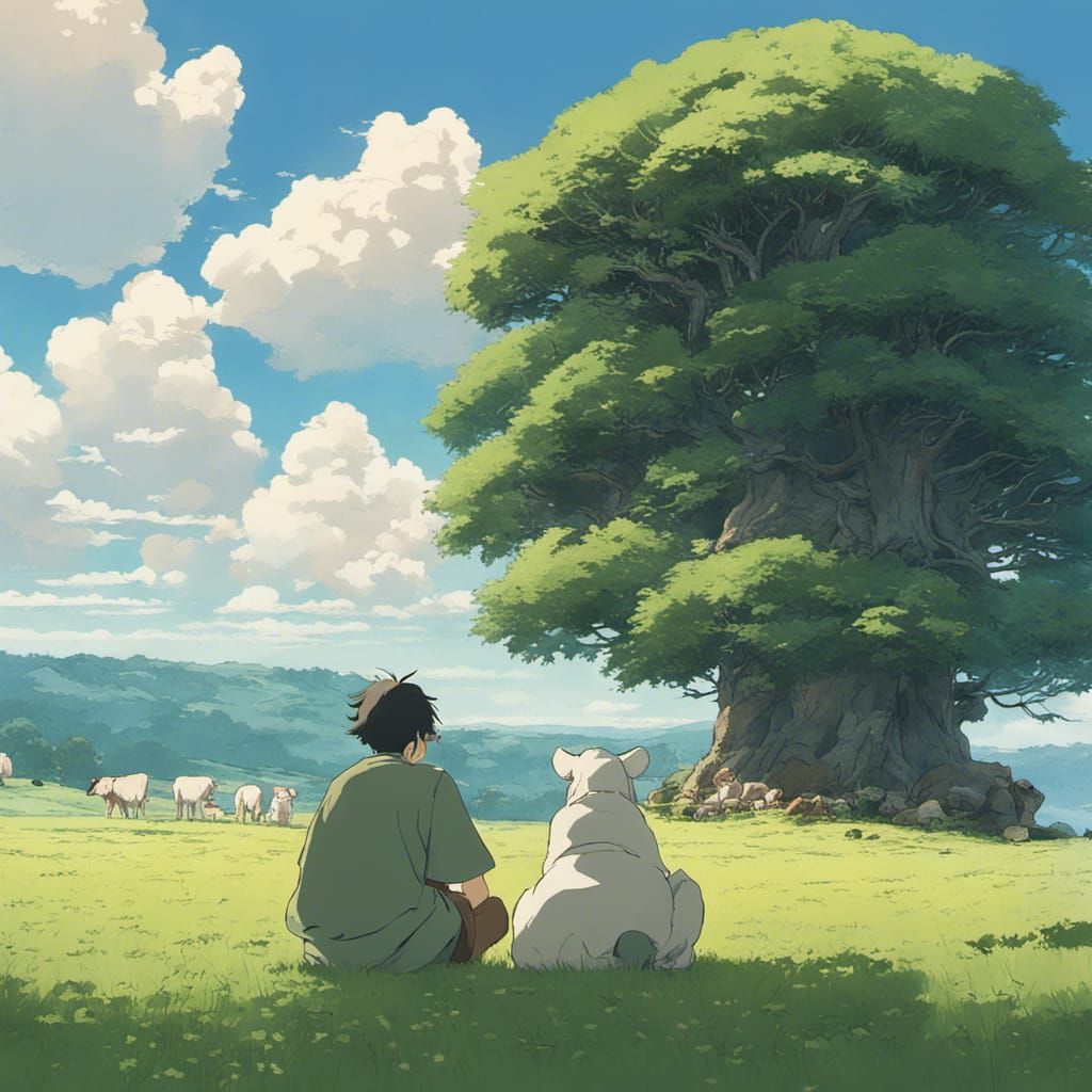 Shepherd and Cows in Ghibli Anime Style
