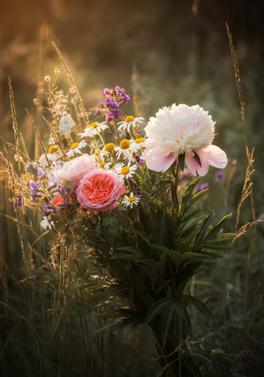Wildflower Bouquet in Sunlight: Classic Film Grain