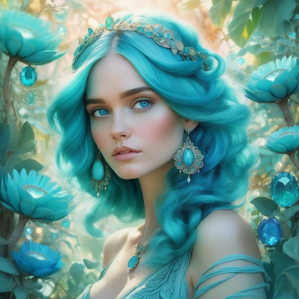 Turquoise Haired Woman in Gem Garden: Watercolor Art