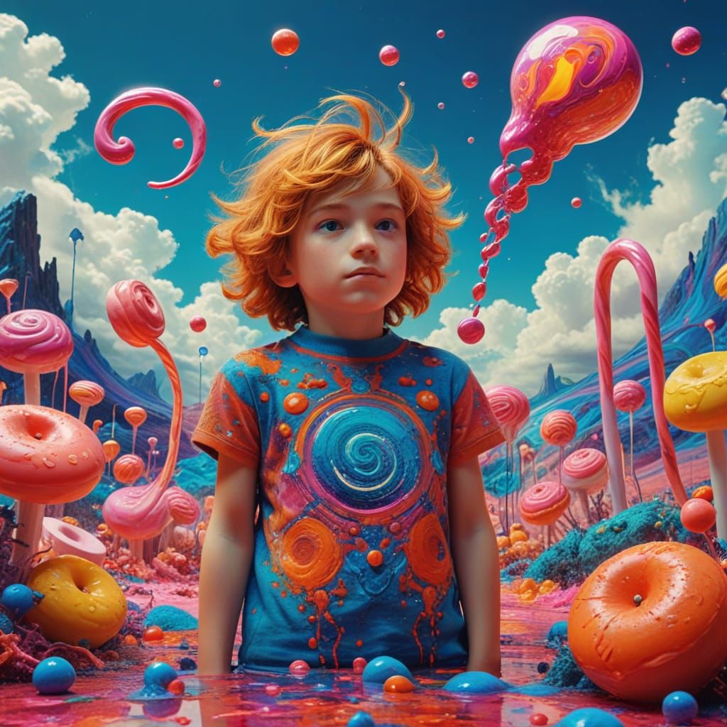Surreal Boy's Vibrant Dreamscape in Murraypunk Style