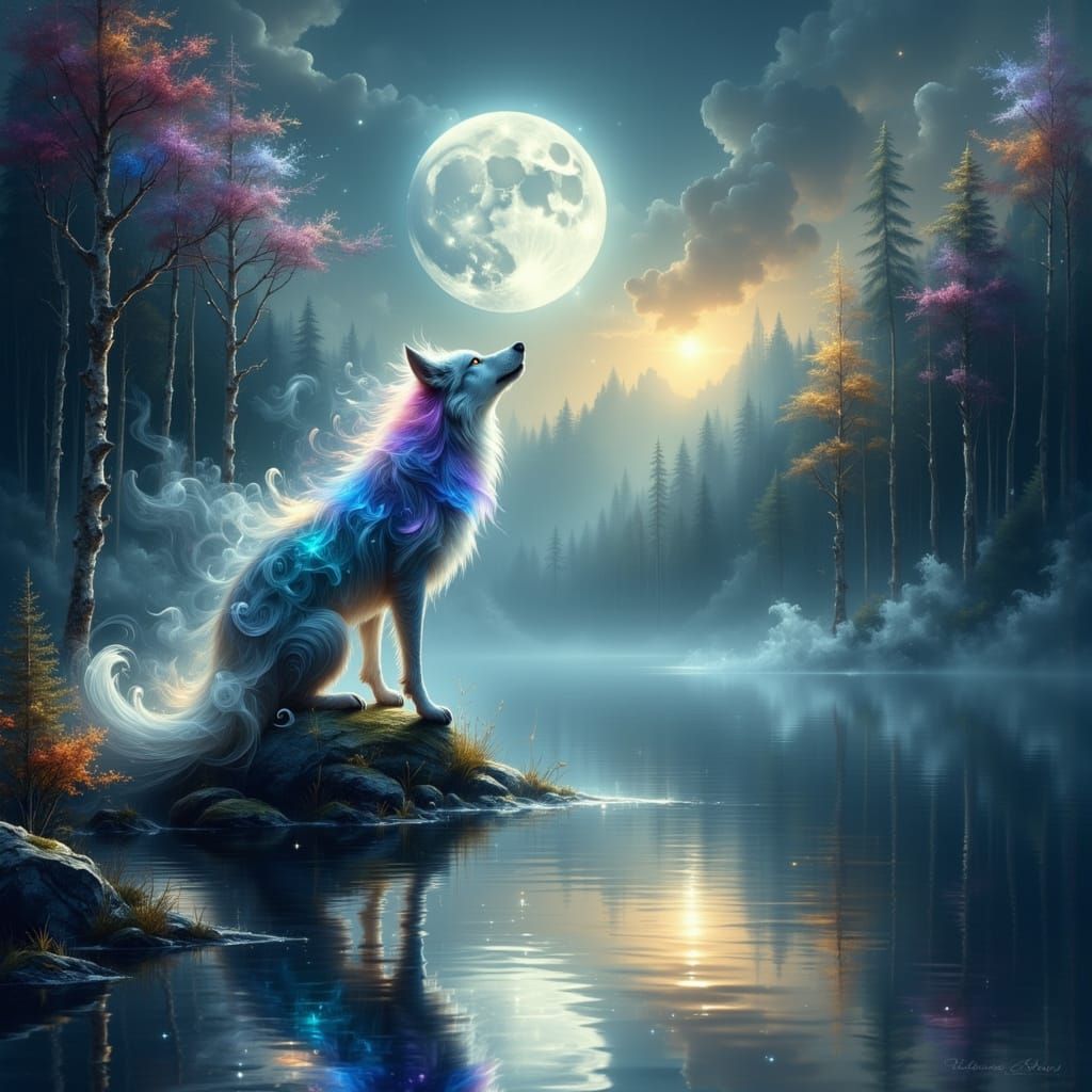 Ethereal Wolf Howling at Luminous Moon